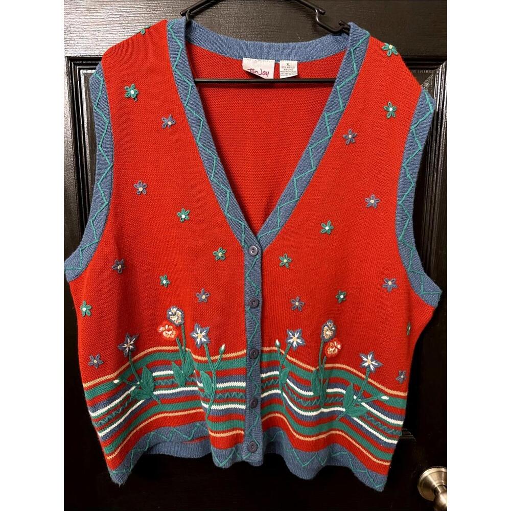 VTG Sweater Vest Women Sz XL Button Cardigan Floral Embroidery Boho Novelty Red